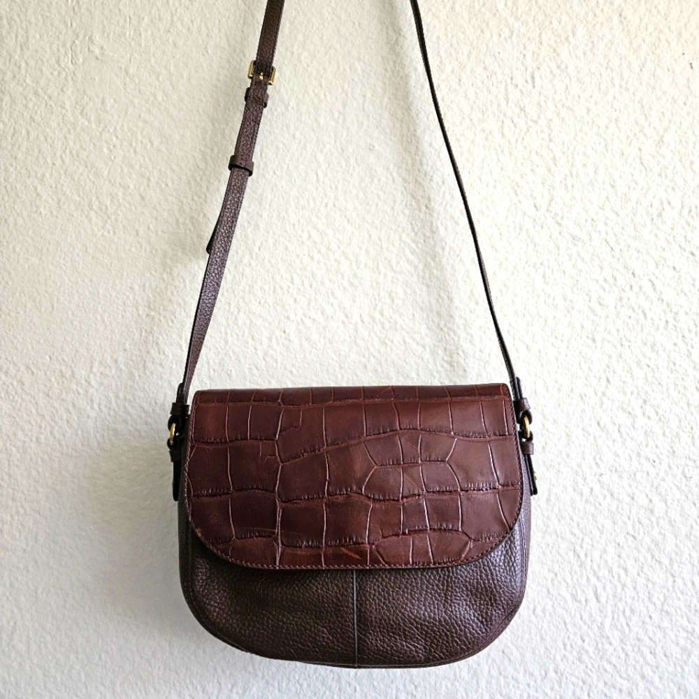 Fossil Crocodile Brown Leather Flap Crossbody Bag